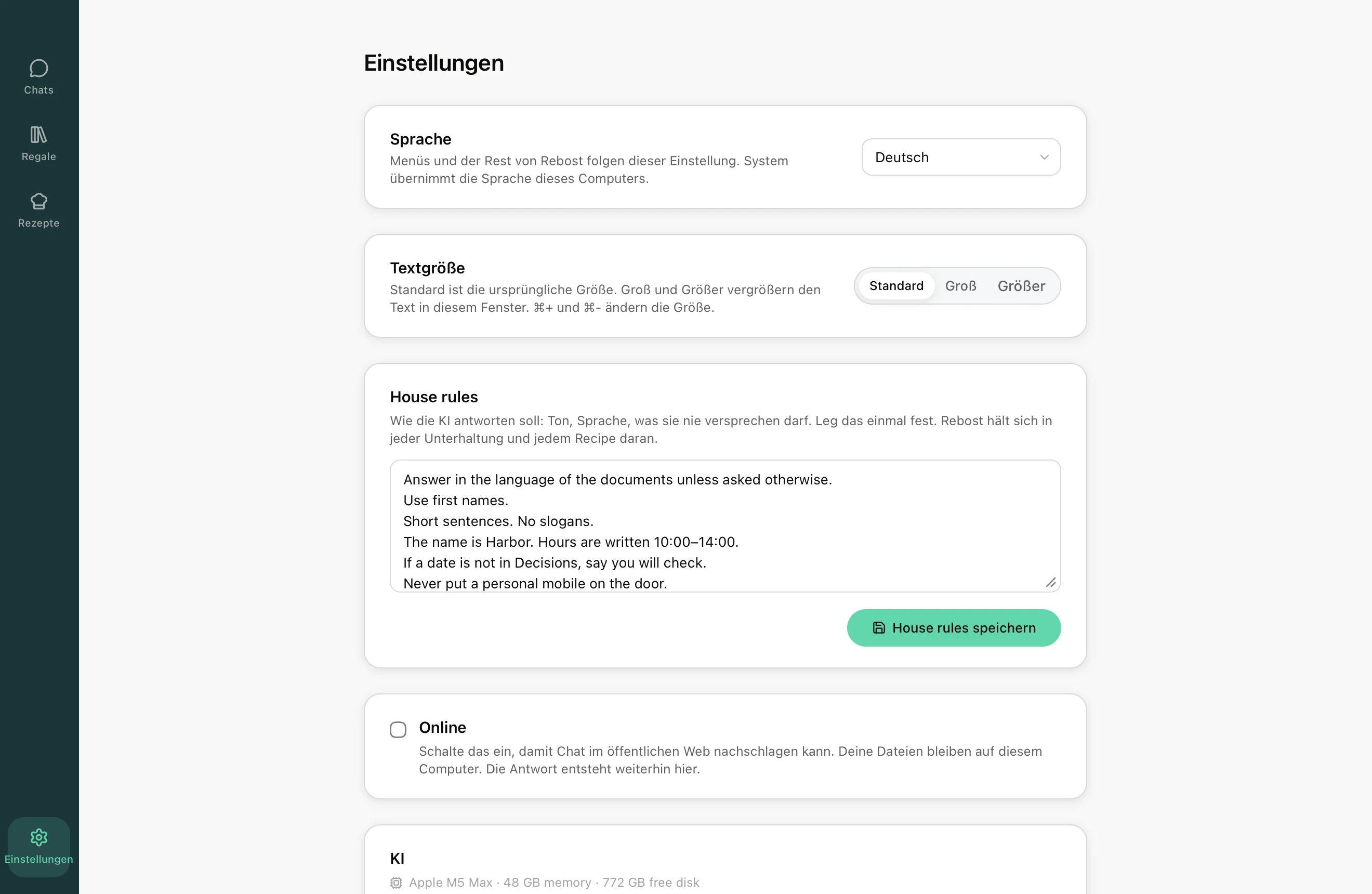 Rebost-Einstellungen: House rules und die installierte KI.
