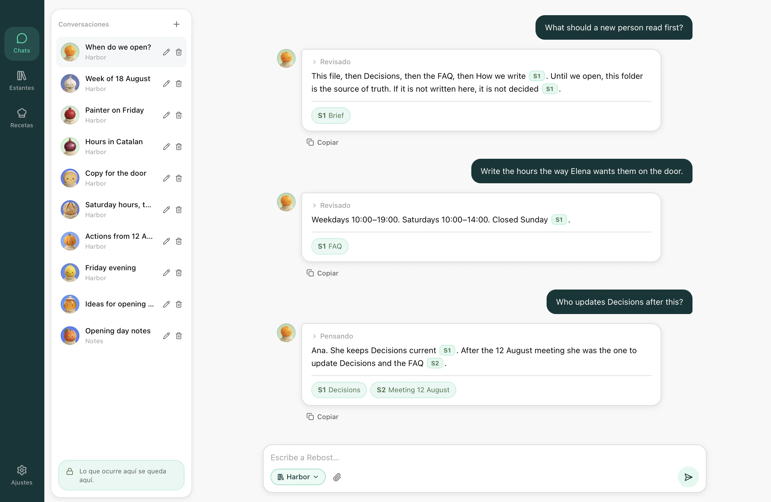 Chat de Rebost: un Estante elegido y una respuesta con citaciones.
