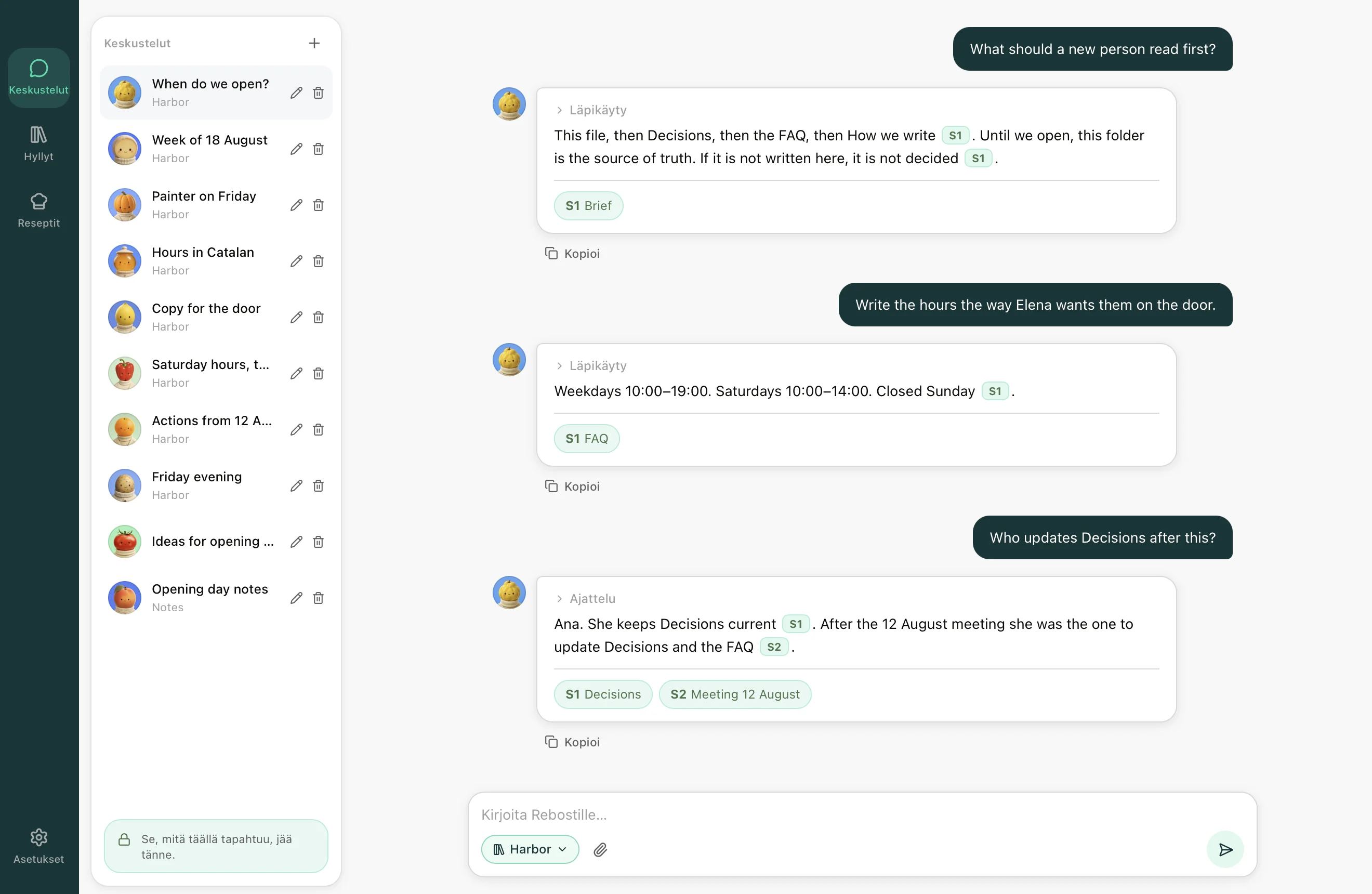 Rebost Chat: valittu Hylly ja viitteitä sisältävä vastaus.