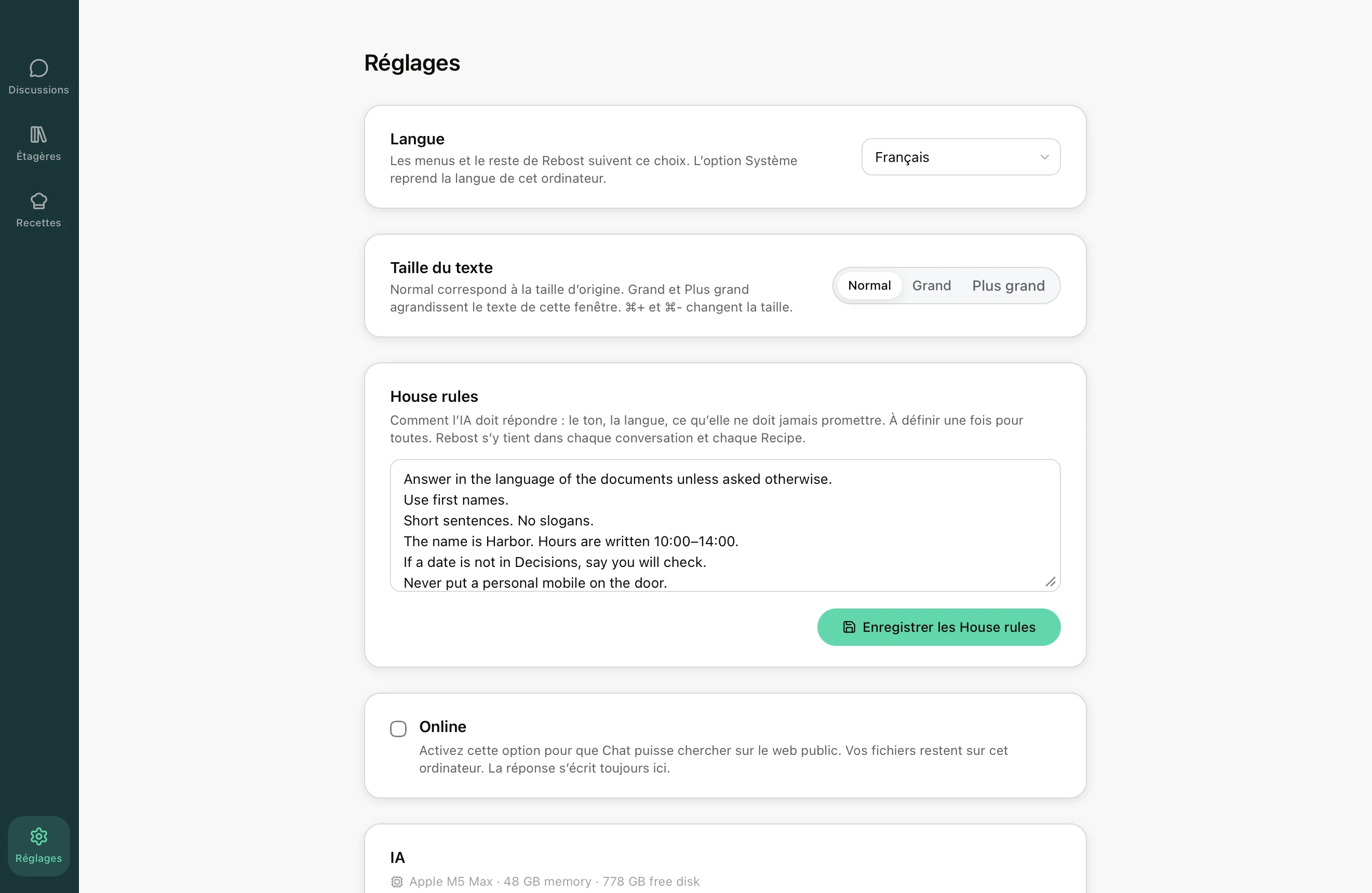 Réglages de Rebost : House rules et l'IA installée.