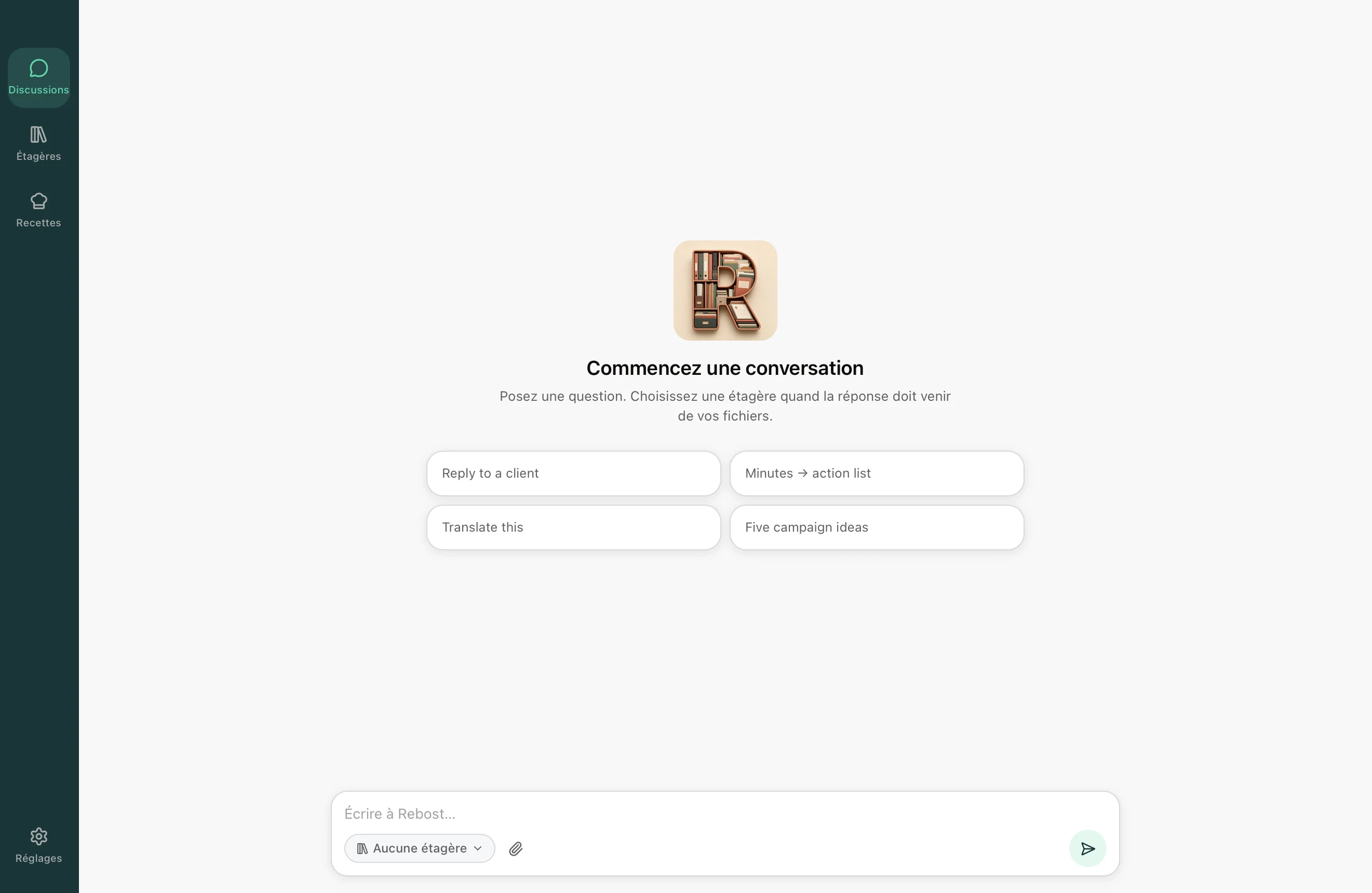 Chat de Rebost : une conversation vide prête à commencer.