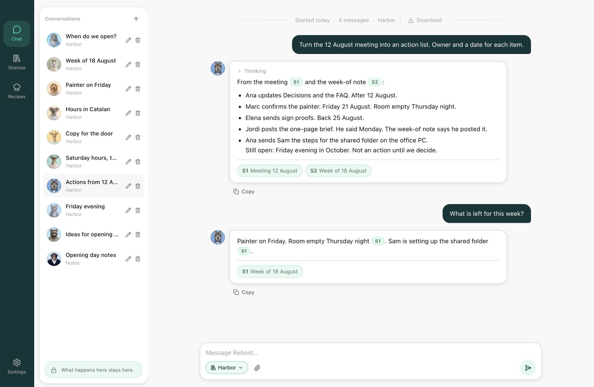 Rebost Chat: an answer built from the files on a Shelf.