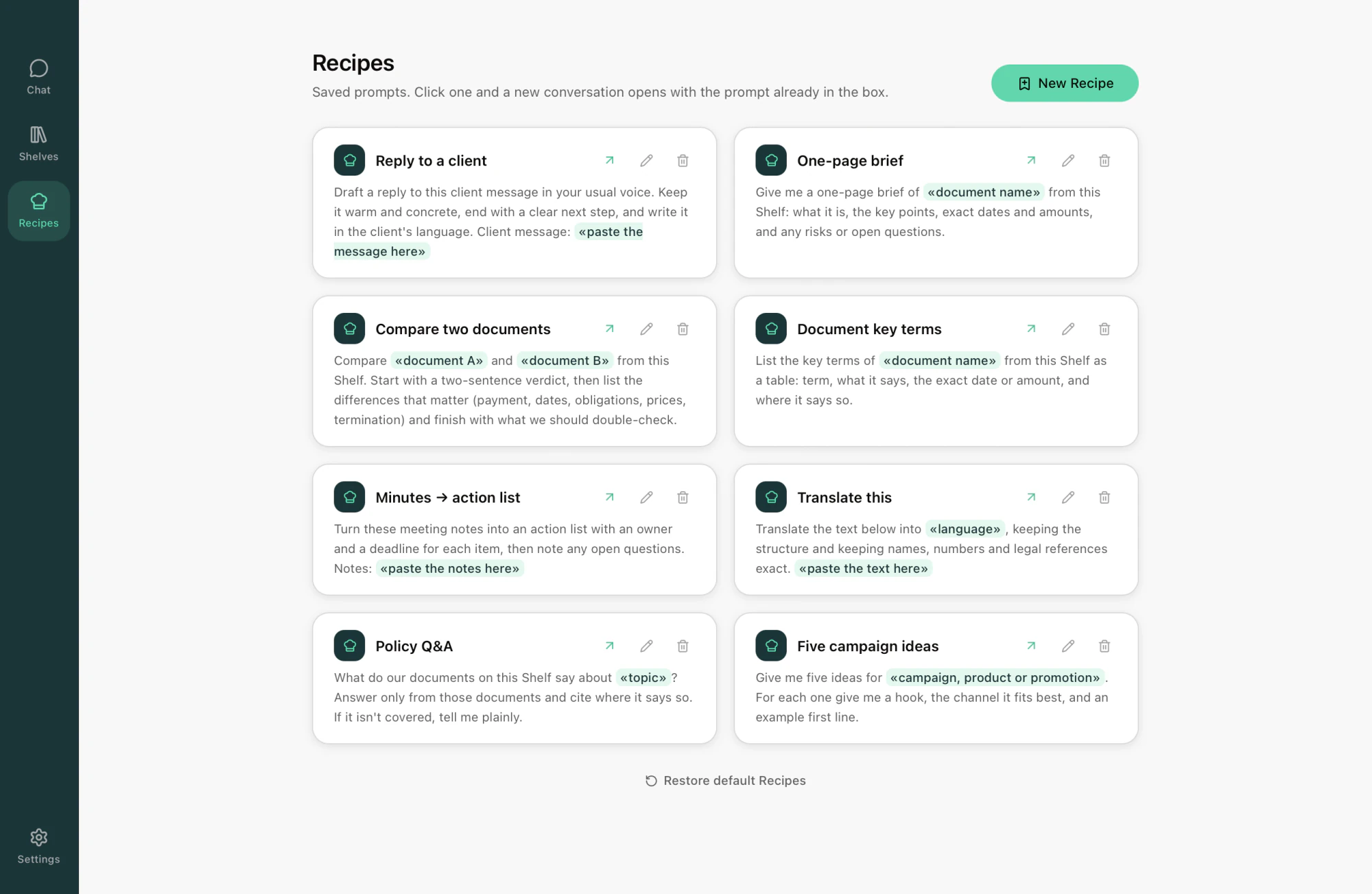 Rebost Recipes: saved prompts ready to reuse.