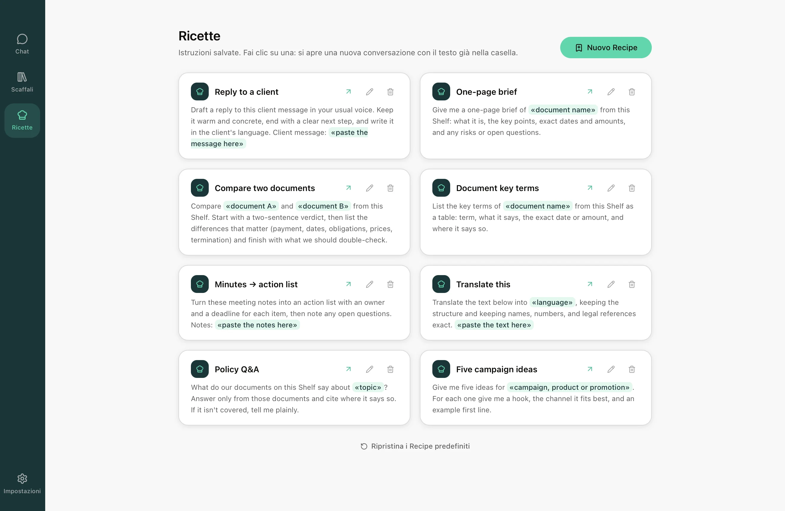 Rebost Ricette: prompt salvati e pronti per essere riutilizzati.