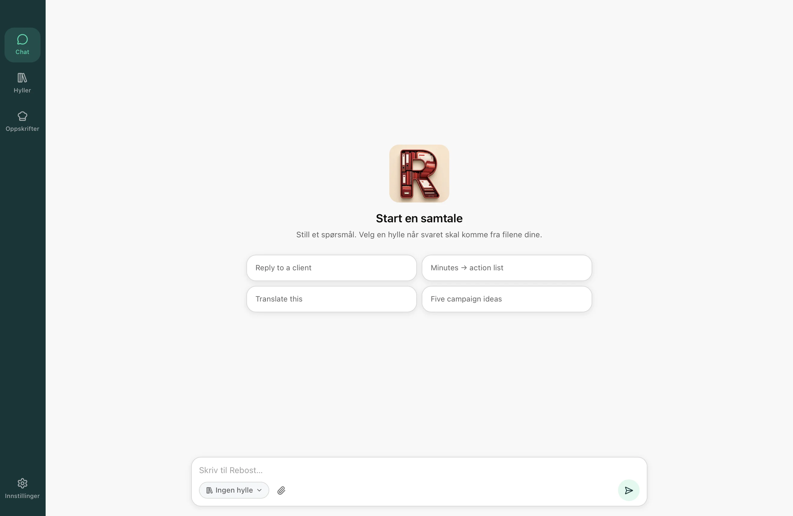 Rebost Chat: en tom samtale som er klar til å begynne.