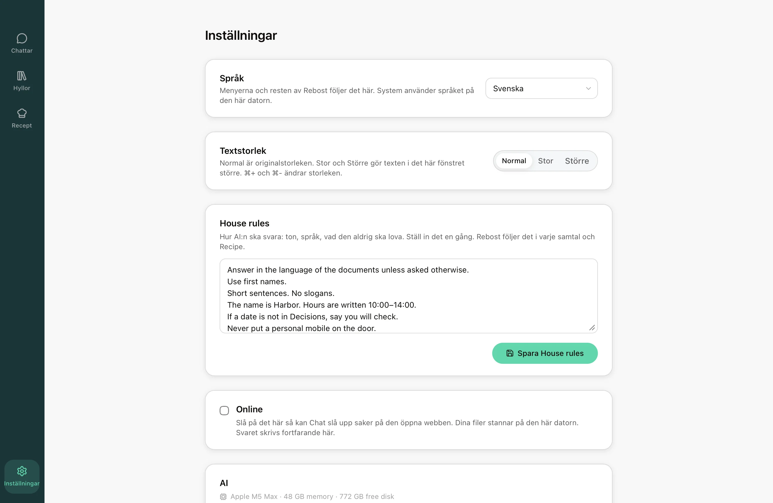 Rebost-inställningar: House rules och installerad AI.